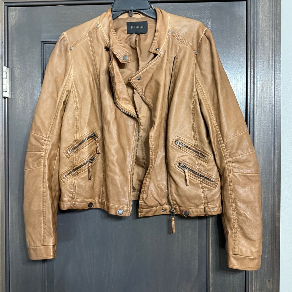 Blu Pepper Womens Tan Faux Leather Moto Biker Jacket Size Large B2033 Camel Zip